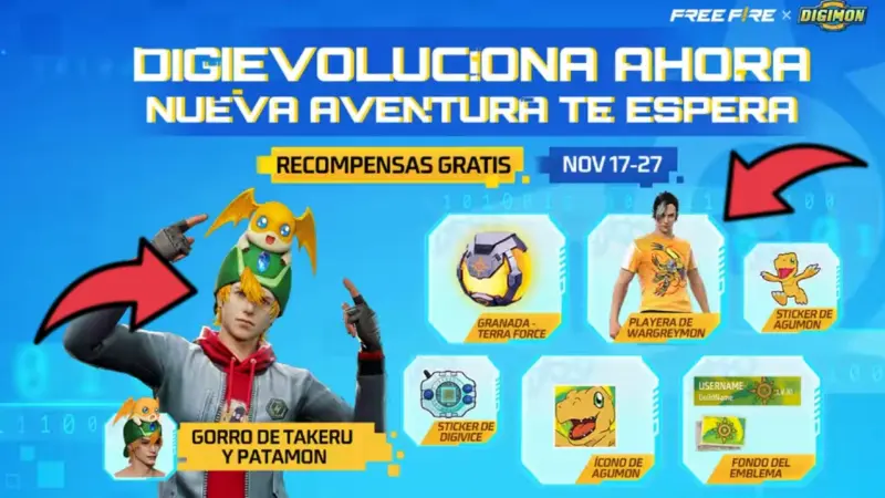 Premios Free Fire x Digimon, colaboracion free fire x digimon, digimon free fire